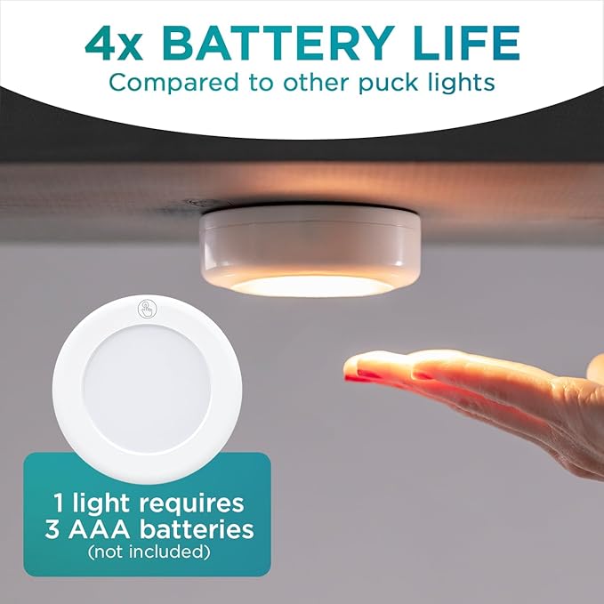 Brilliant Evolution LED Tap Light Push Lights with Remote - 6-Pack Battery Operated Under Cabinet Lights - Stick On Puck Lights for Kitchen, Closet, and Night Lighting - Wireless Warm White, 55 Lumens