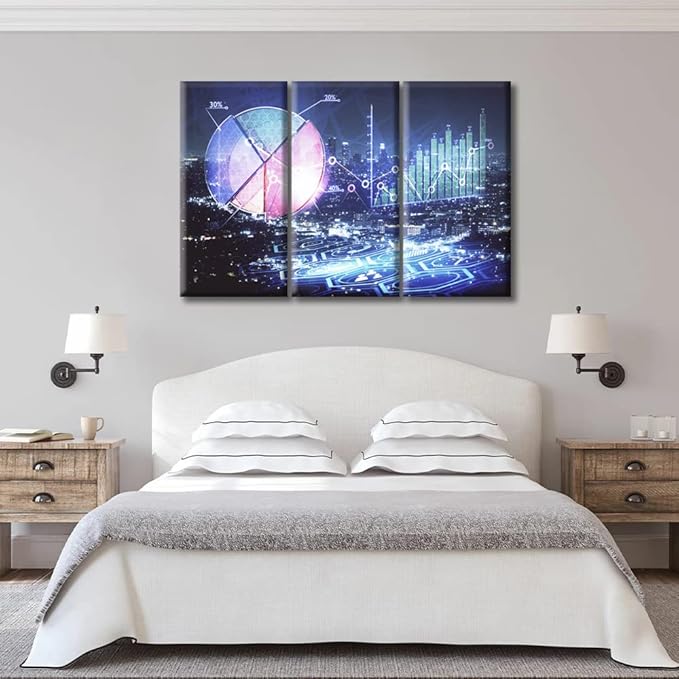 3 Piece Financial Graph on Night City Scape with Tall Buildings Background Wall Art Analysis Concept Paintings Black and White Wall Art House Decor Stretched and Framed Ready to Hang (42"Wx28"H)