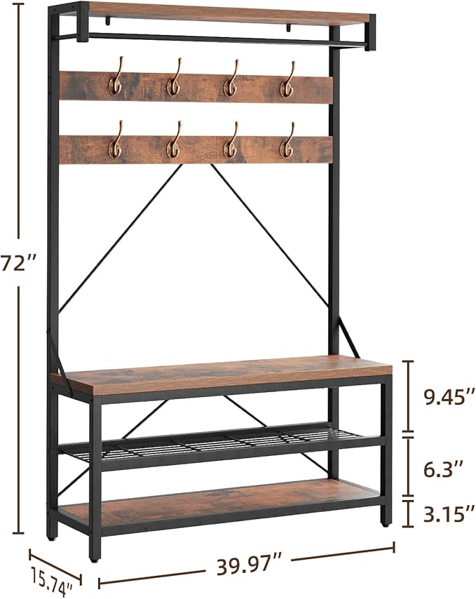 IDEALHOUSE Coat Rack Shoe Bench Industrial Hall Tree Storage Bench for Entryway Wood Look Accent Large Shoe Rack with Storage Shelf Hanging Bar,8 Hooks Grey 39.9"x15.7"x72"