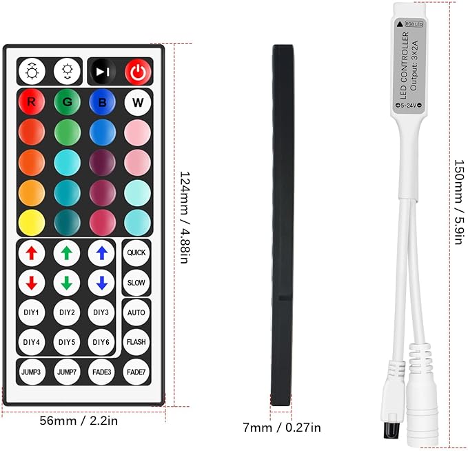 44 Key LED Strip Light Remote Controller, IR Wireless Dimmer with 4-Pin Output for RGB 3528 5050 5630 LED Tape Lights, 12V/24V DC5-24V Power Supply Replacement Remote