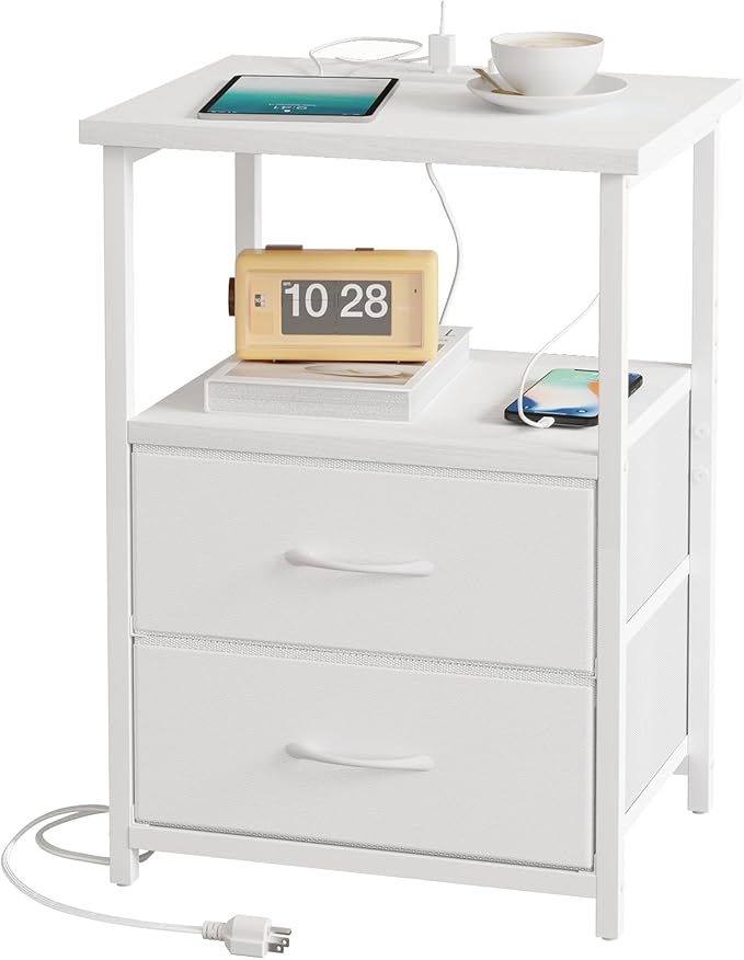 Fixwal White Night Stand with Charging Station, Bedroom Nightstand with Fabric Drawers, Bedside Table with PU Finish
