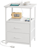 Fixwal White Night Stand with Charging Station, Bedroom Nightstand with Fabric Drawers, Bedside Table with PU Finish