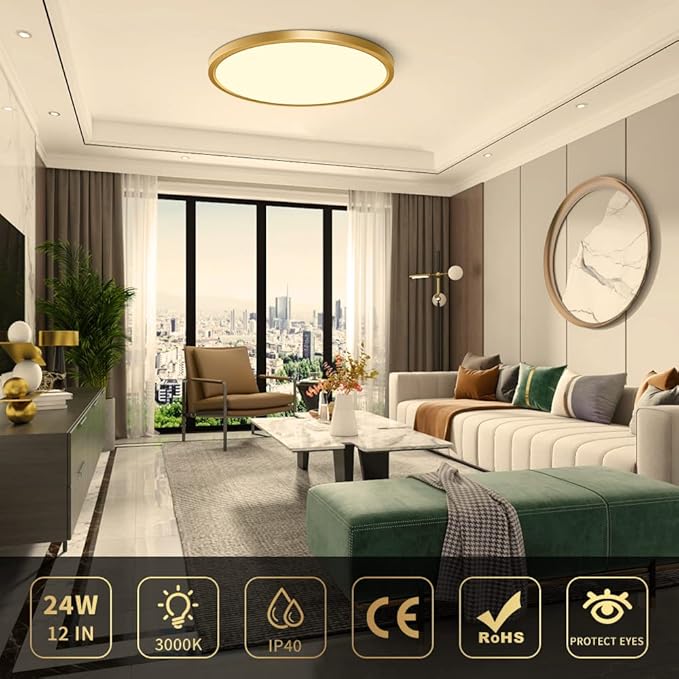 12Inch LED Ceiling Light Fixture Flush Mount, 24W(240W Equivalent), 3200LM, 3000K Warm White, IP40, Flat Modern Round Ceiling Light for Bedrooms, Living Rooms, Bathrooms, Stairwells, etc.(Gold)