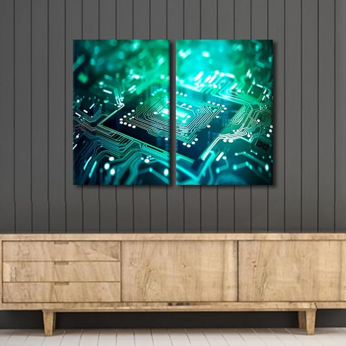 Colorful Semiconductor Chip Wall Art for Living Room Modern Home Decor Circuit Board Canvas Poster Pictures House Decorations Artwork Paitings 3 Pieces Framed Stretched Ready to Hang, 24" Wx16 H