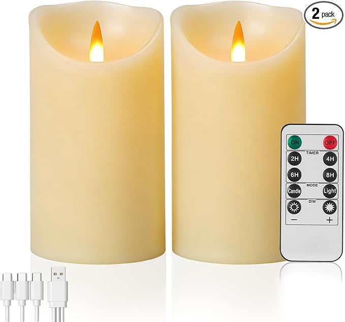 Rechargeable Flameless Candle, Realistic 3D Flickering Warm Flame, LED Candle with Remote Control & Timer for Holiday, Wedding, Patio and Home Decoration(Set of 2)