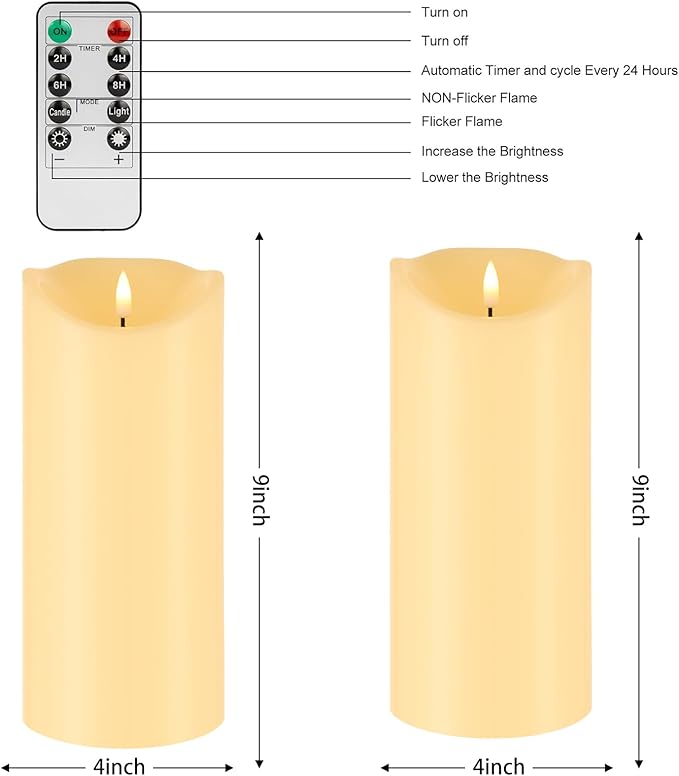Mingfuxin Outdoor Flameless Candles with Remote - 9“×4” Large Waterproof Battery Operated Candles with Timer, Flickering LED Pillar Candle for Indoor Outdoor Larterns, Porch, Long Lasting, Set of 2