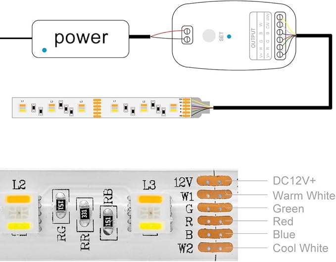 BTF-LIGHTING RGBCCT 5 Colors in 1 LED 5050SMD RGBWW RGB+Dimmable Tunable Color Temperature 2700K-6500K 16.4ft 60LEDs/m 300LEDs DC12V Multi-Colored Tape Lights IP65 White PCB(No Adapter or Controller)