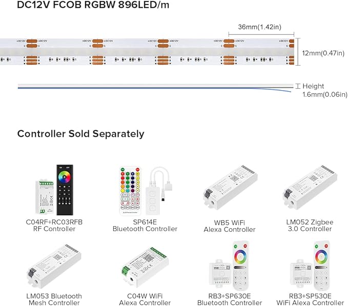 BTF-LIGHTING FCOB COB LED Strip RGBW 6500K 896LED/m 9.8FT DC12V Color Changing Flexible High Density Uniform Light 12mm Width for Home Indoor Decoration(No Adapter or Controller)