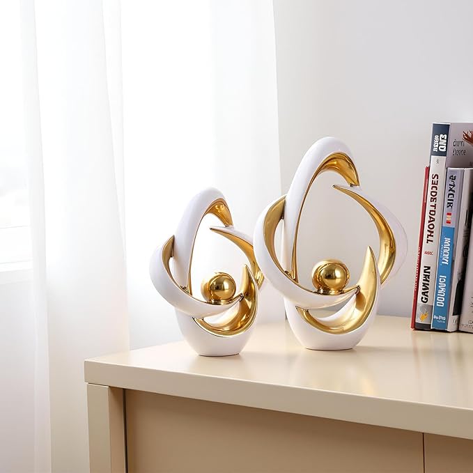 2PCS Home Decor Accent Ceramic Statue Abstract Sculptures Centerpieces Mid Century Modern Decor for Tables Coffee Table top Decorations for Living Room Desktop Shelf Dining Room Kitchen (White Gold)