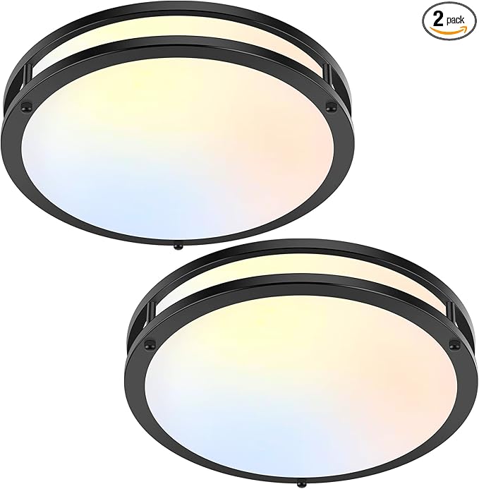 2-Pack 12 Inch Flush Mount Light Fixtures, 36W 3600lm Super Bright LED Ceiling Lights for Kitchen, Dimmable LED Lights 2700K-6500K 5 Color Temperatures, Modern Black Lighting for Bedroom Bathroom