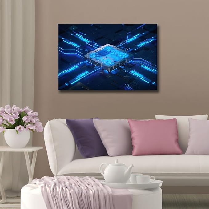 TUMOVO Canvas Wall Art for Living Room Technology Digital Art Large Wall Art CPU Concept Modern Artwork Computer Chip Contemporary Home Decor Print On Canvas Ready to Hang for Bedroom Office 36x24in