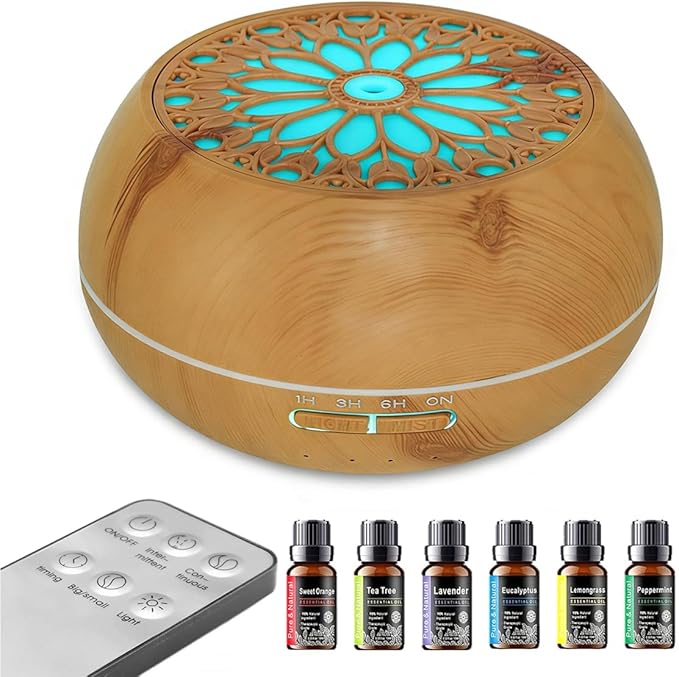 Diffuser with 6 Essential Oils for Large Room,550ml Aroma Diffusers with Remote Control for Home,Mini Humidifier with LED Night Lights for Office Yoga Room Decor Gift for Women Men(Light Wood Grain)
