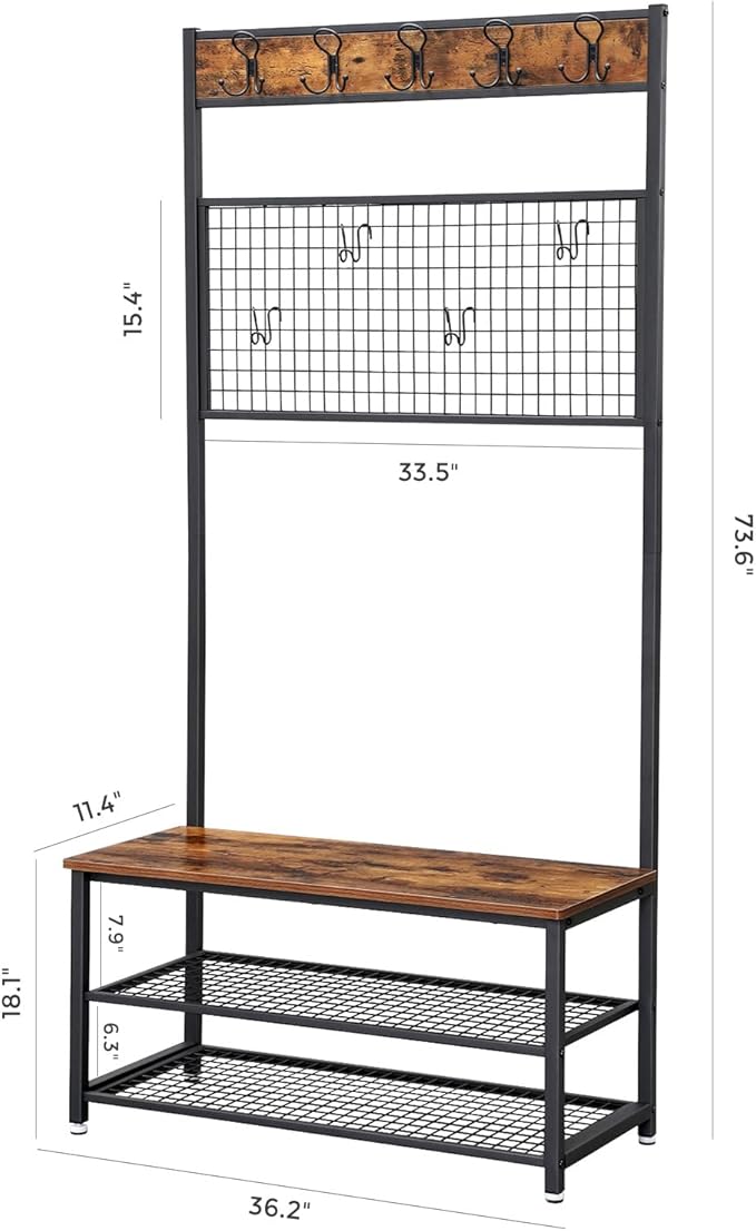 VASAGLE Industrial Coat Rack Stand, Shoe Rack Bench with Grid Memo Board, 9 Hooks and Storage Shelves, Hall Tree with Stable Metal Frame, Rustic Brown UHSR46BX
