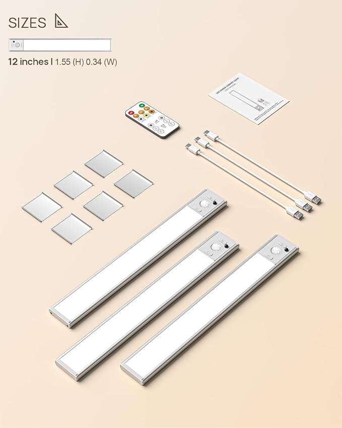 Under Cabinet Lights with Remote Control,12 inch Rechargeable 2500mAh Battery 350 Lumen Motion Sensor Indoor Light,3Pack Wireless Under Counter Light,3 Color Dimmable for Kitchen,Wardrobe,Closet