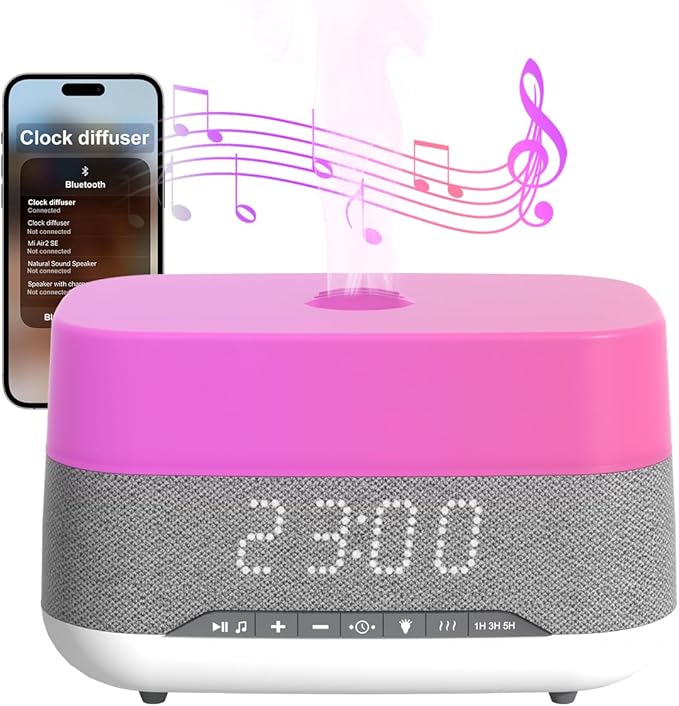 300ml Essential Oil Diffuser with Bluetooth Speaker & Alarm Clock | Auto Shut-Off, Colorful Night Light, Timer for Bedroom, Office, Yoga（White）