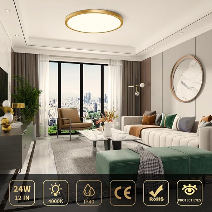 12Inch Gold Flush Mount Ceiling Light Fixture , 24W(240W Equivalent), 3200LM, 4000K Natural White, IP40, Flat Modern Round LED Ceiling Lights for Bedrooms, Living Rooms, Bathrooms, Stairwells, etc.