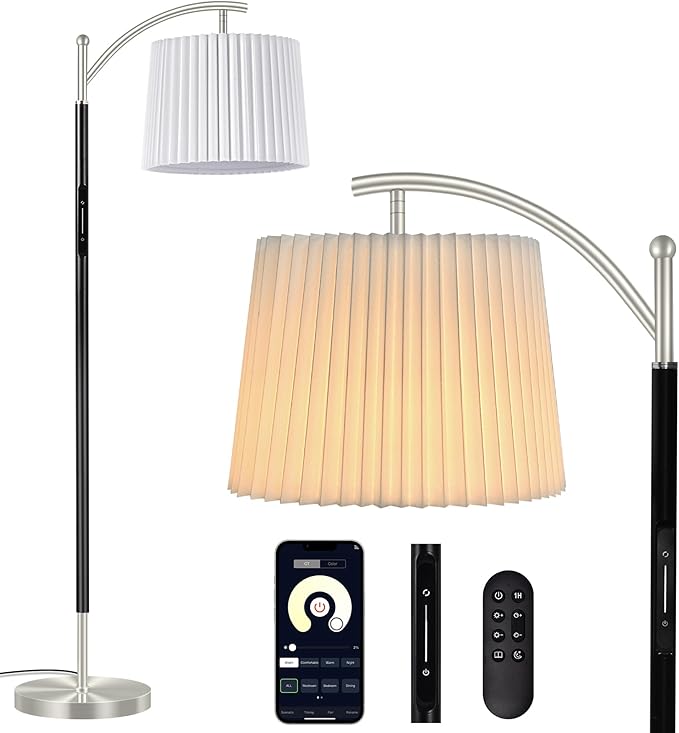 Etto Floor Lamp, LED Floor Lamp with APP & Remote & Touch Control, Stepless Color Temperatures and Brightness, Tall Standing Lamp with Pleated Lampshade for Living Room, Bedroom, Office(Nickel)