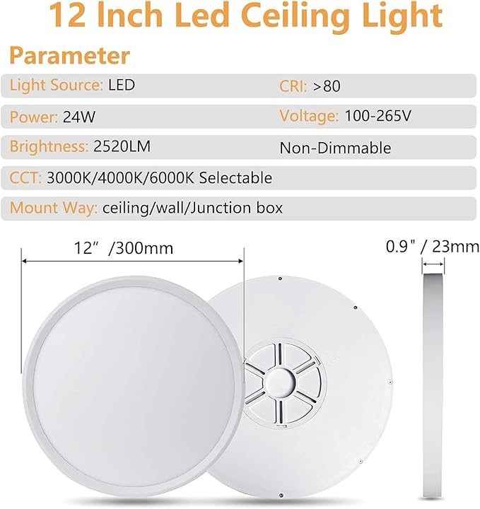 4PK 12 Inch LED Flush Mount Ceiling Light, 24W, 2520LM, 3000K/4000K/6000K CCT Selectable Super Slim LED Ceiling Light, Close to Ceiling Round Flat Panel Light for Hallway, Bedroom,Kitchen ect