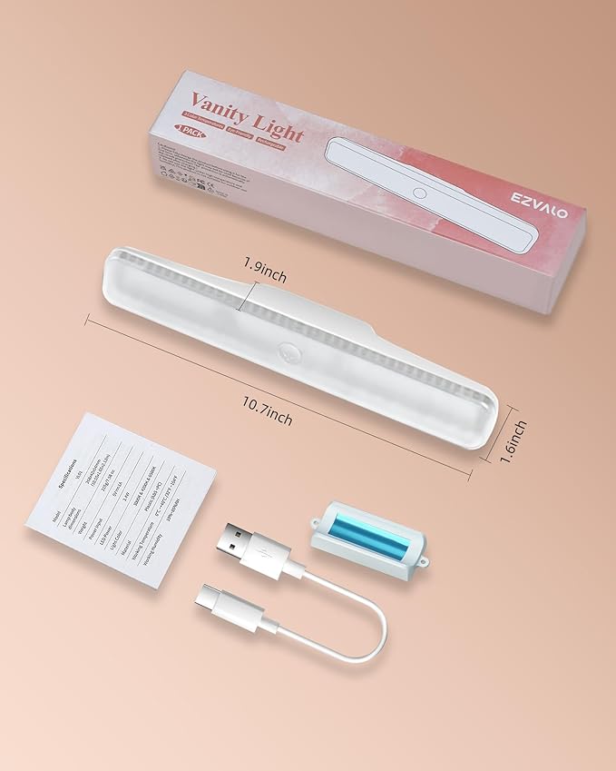 EZVALO Wireless Makeup Light 1 Pack, Vanity Lights for Mirror, Bathroom Vanity Light, Rechargeable, 3 Color Temperatures, Stepless Dimming, Touch Control, Adjustable Angle, Women's Gifts