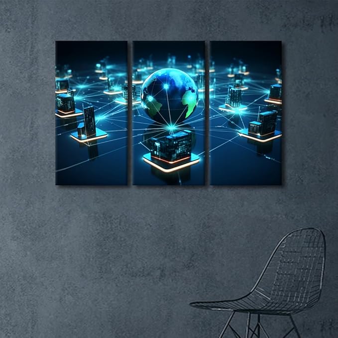 3 Panel Concepts Wall Art Centralized Network Architecture Pictures Print on Canvas for Home Hotel Office Wall Decorative, Wooden Framed Gallery-Wrapped Ready to Hang, 60" Wx40 H
