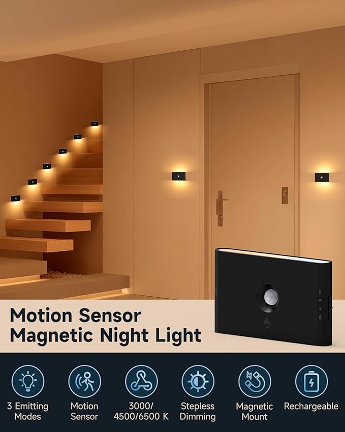 Yiliaw 6-Pack Rechargeable Motion Sensor Stair Lights Black, Dimmable Night Lights with 3 Modes & 3 Color Temperatures, Magnetic, Stick-On Stair Lights Indoor for Hallway, Stairway, Bathroom, Kitchen