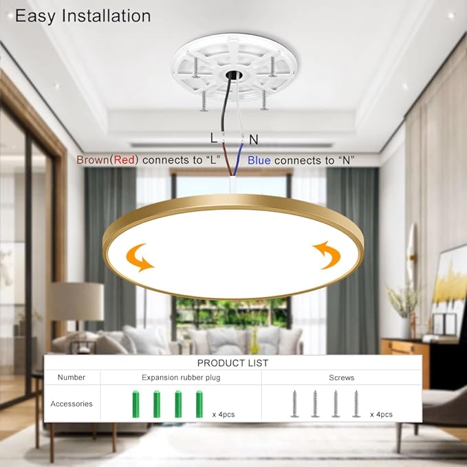 15.7Inch Gold Flush Mount Ceiling Light Fixture, 3000K Warm White, 32W 3800LM Bright LED Ceiling Light, Flat Round Light Fixtures Ceiling Mount for Bedrooms Living Rooms