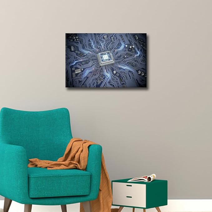 TUMOVO Circuit Board Canvas Wall Art for Living Room CPU Concept Modern Abstract Painting Internet Concept Picture for Bedroom Office Home Wall Decorations Frame Wall Decor, 18x12in