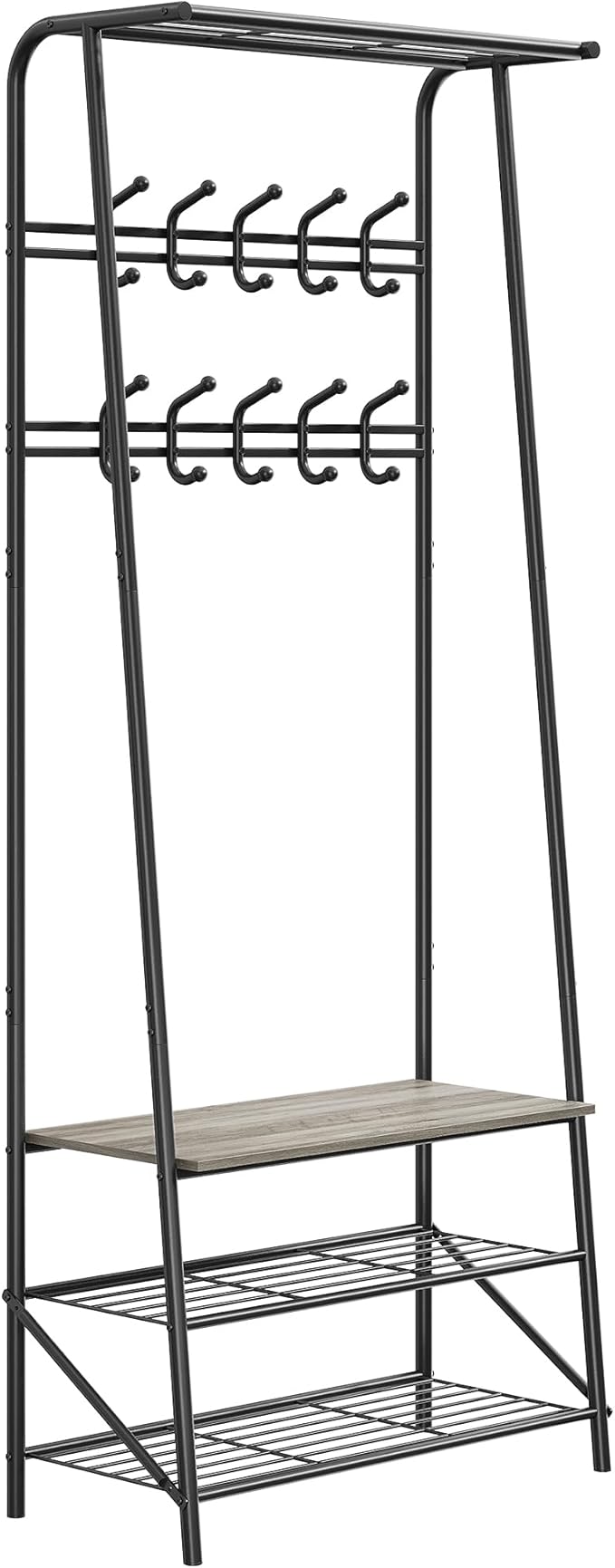 Coat Rack Hall Tree with Shoe Storage Bench, 4-in-1 Entryway Organizer, 10 Hooks & 3-Tier Shoe Rack, Freestanding Metal Frame for Hallway, Front Door