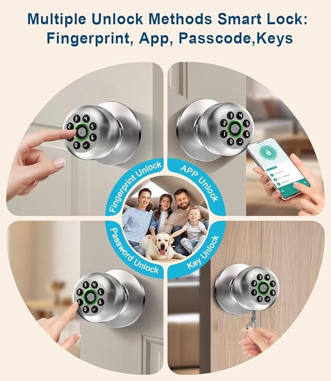 Fingerprint Door Lock, Smart Fingerprint Door Knob with Keypad, Biometric Door Lock with App Control, Auto Lock Door Lock with Code, Keyless Door Knob with Lock for Bedroom, Home-Burnished Silver