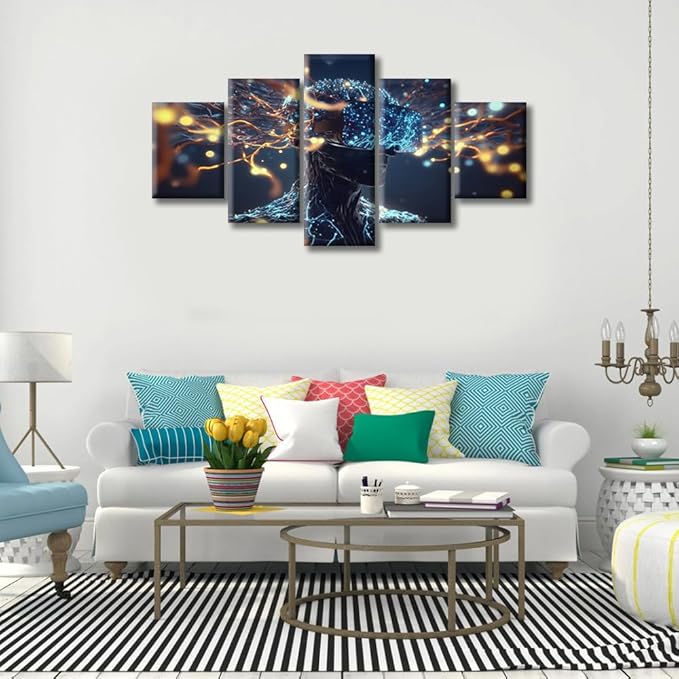Cyborg Science Brain with Neurons Canvas Wall Art Brain Neural Human Head Posters & Prints Artwork Contemporary Home Decor Stretched Canvas Picture for Living Room Bedroom Home Office, (60" Wx32 H)