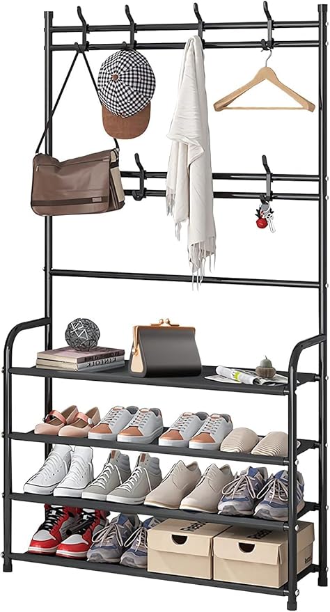 darsun 31.5" Hall Tree, Shoe Storage Bench with 4 Tiers & 8 Hooks, Multipurpose Coat Rack for Entryway, Hallway, Bedroom, Office, Space Saving Organizer