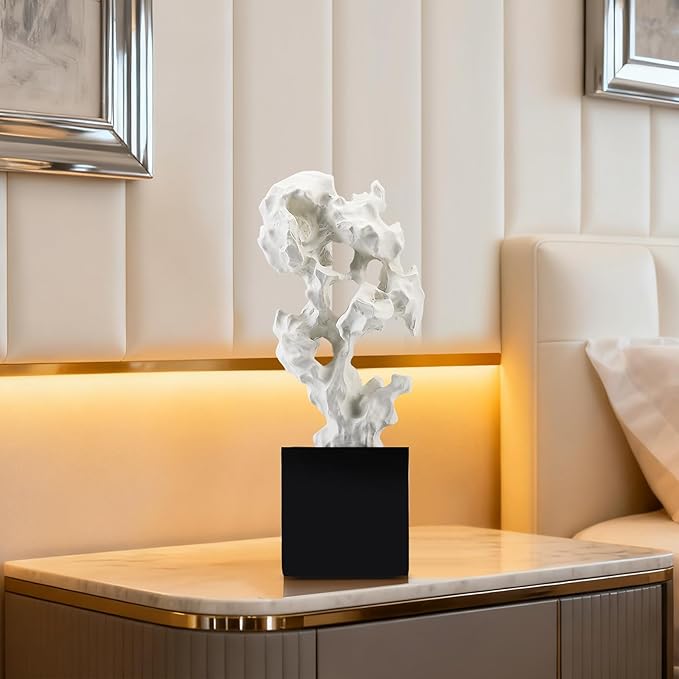 Modern Abstract Sculpture - 11.8" Stone Home Decor, Resin White and Black Art Statues for Living Room, Coffee Table Centerpiece, TV Stand Shelf Bookshelf Decorations