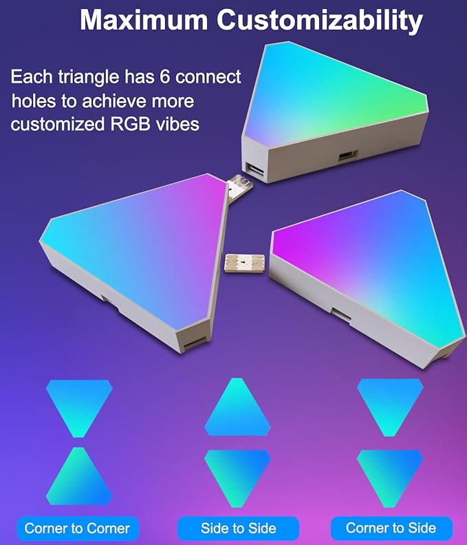 Triangle Light Panels, RGB Gaming Lights for Gaming Setup, DIY Triangle LED Wall Lights with 6 Connection Ports, APP and Remote Controlled, Music Sync for Gaming Room Bedroom Streaming, 10 Pack
