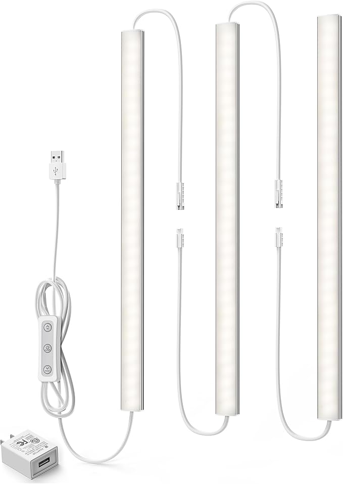 ASOKO HOME Dimmable USB Under Cabinet Lights - 3 Pack 12" Linkable LED Strips, 4000K Daylight for Kitchen, Desk, Workbench