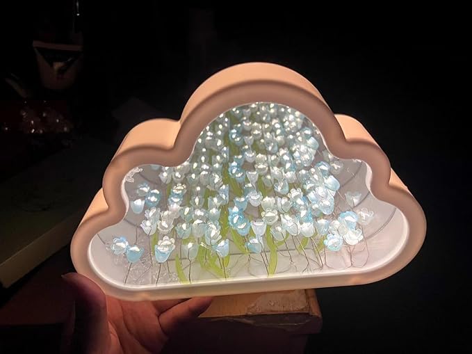 DIY Cloud Tulip Mirror Night Light, Simulation Flower Bedroom Cloud Tulip Table Lamp, Creative Home Decoration, Room Decor for Teen Girls (Blue)