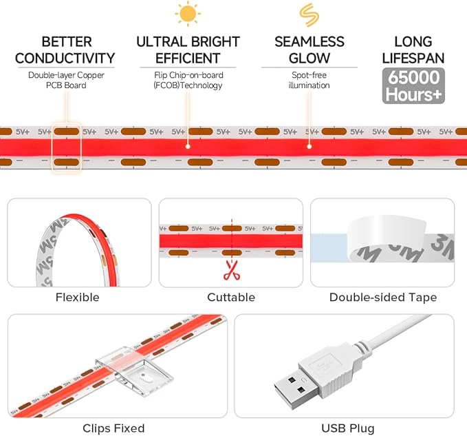 BTF-LIGHTING FCOB USB Powered Red Color COB LED Strip Lights 6.56FT 640LEDs 5V 8mm Width 90+ High CRI Ultra Bright Flexible Light for 3D Printer TV Backlight Display Cabinet PC DIY Decor
