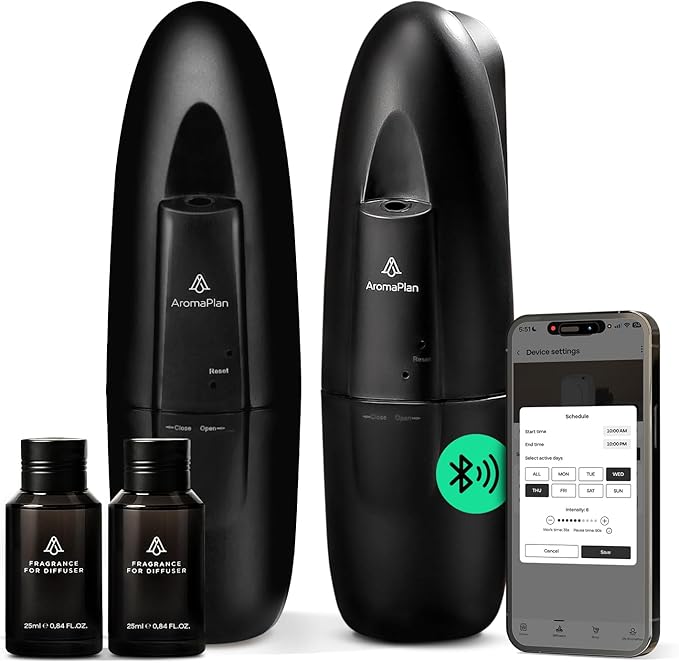 AromaPlan 5 Star Collection Plug in Waterless Diffuser (2 Devices +2 Scents Included)-Cold Air & Waterless Diffusers for Home & Office- Silent Wall Diffuser Plug in, Bluetooth App Control, 1000 sq.ft