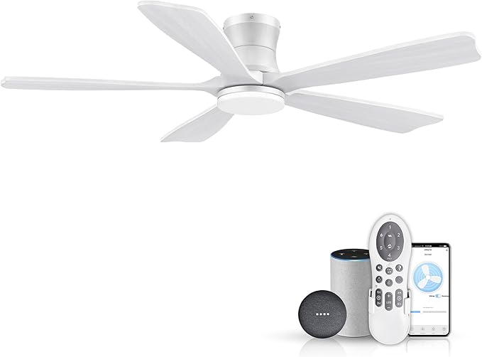 GentleBreeze 52" Wood Smart Low Profile Ceiling Fans with Lights Remote,Control via WIFI Alexa Google App,Quiet DC Motor,Outdoor Indoor Flush Mount Ceiling Fan for Modern Bedroom Patio Porch,White
