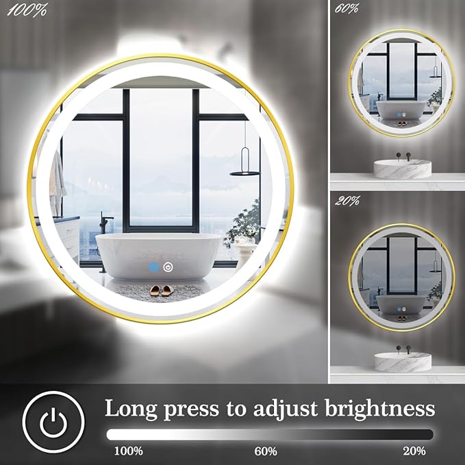 28 Inch Gold Round Vanity Mirror with Lights Gold Frame Circle Lighted Mirror for Bathroom Salon Wall 28" Golden Circle Round LED Light up Mirrors Smart Touch Memory 3 Color Dimmable AntiFog