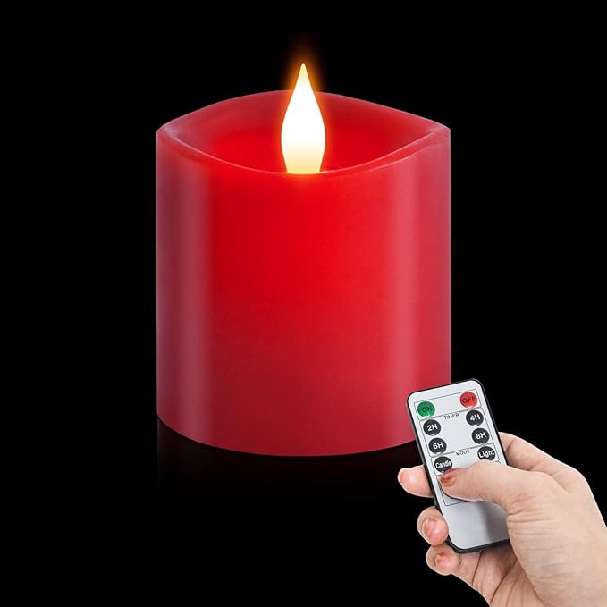 3x3 Flickering Flameless Candles Set of 1, Real Wax Pillar LED Candles Flickering, 3 inch Flameless Candles with Remote,Battery Powered Candles, for Party/Wedding,Red