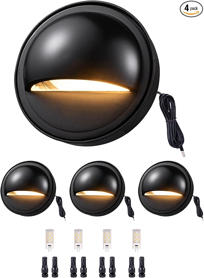 Gardenreet Low Voltage LED Deck Lights - Solid Brass Landscape Step Lights, Outdoor 12V Hardwired Waterproof Black for Stair Patio Wall Yard with 3W Adjustable Warm & Neutral White G4 Bulb 4 Pack