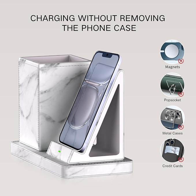 Multi-Functional Pencil Holder for Desk,marble Vegan Leather Organizers with Remote Control Holder,Pencil Holder Desk Organizer with Phone Wireless Charger for Office/Nightstand/Endtable