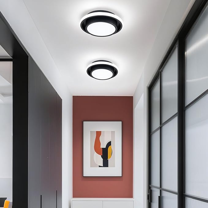 Hallway Light Circle Modern Ceiling Light Fixture, 12IN Modern Ceiling Lamp 6000K LED Ceiling Light Black Ceiling Lighting for Living Room, Balcony Bedroom