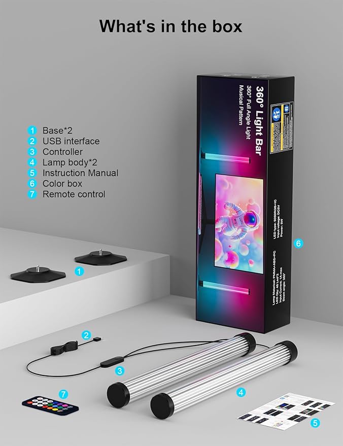 RGB Light Bar, 17" LED Light Bar 360 Degree Emitting, APP Control USB Powered, Color Changing TV Backlight,Monitor Backlights with Music Sync, Ambient Lighting for Desk, PC, Gaming, Party