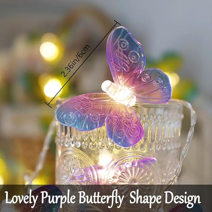 Fielegen 20 LED Butterfly String Lights, 9.84ft/3 Meter Battery Powered Purple Butterfly Fairy Lights for Home Bedroom Indoor Outdoor Garden Wedding Party Holiday Summer Decoration