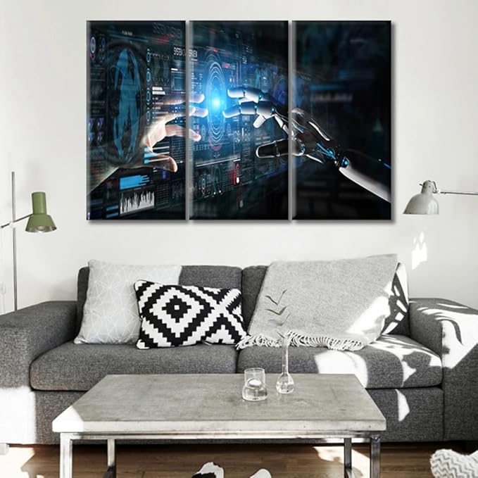 Wall Art Decor Canvas Wall Art Robot Hand and Human Hand Touching Art Prints Contemporary Home Decor Virtual Network Pictures Wall Art Framed Gallery-Wrapped Ready to Hang (36"Wx24"H)
