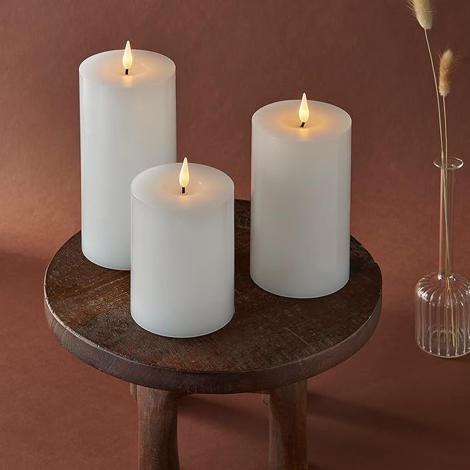 LampLust Realistic Flameless Pillar Candles with Remote, Set of 3, Batteries Included, Real White Wax, 3D Flickering LED Flame, 3 Inch Pillar Candles, Spring Decor, Centerpieces for Tables