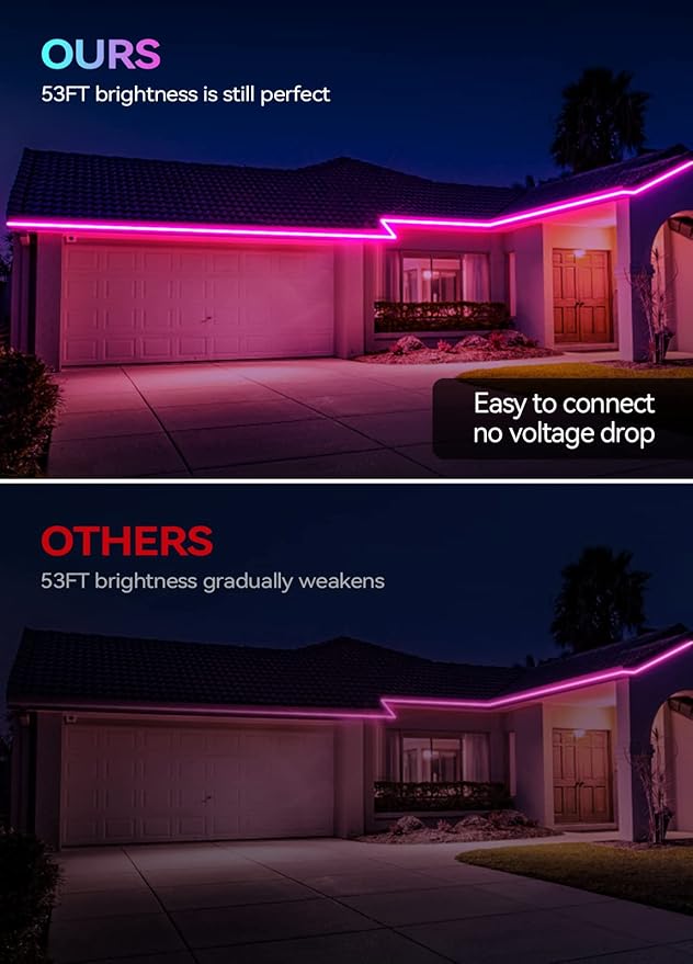52FT Continuous RGB+IC Outdoor Led Strip Lights Waterproof with RF Remote & Bluetooth Music Sync App Control, Long Color Changing LED Rope Lights,IP67,24V