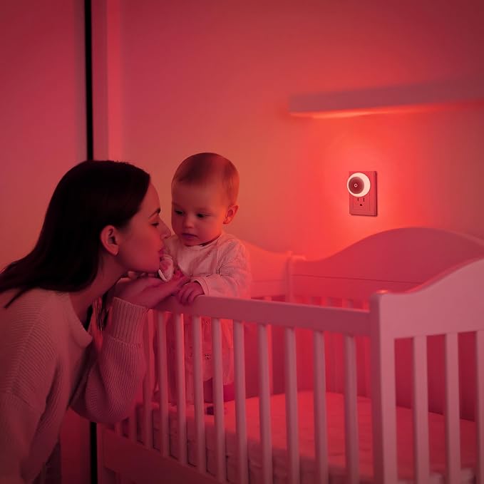 KINUR 6 Pack Red LED Plug into Wall with Dusk to Dawn sensors Plug in Night Lights for Kids Room, Bedroom, Bathroom, Stair Lights, Hallway Light