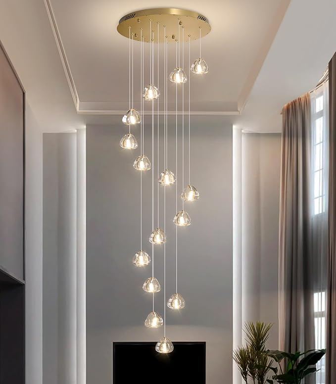 LED Glam Chandelier 118 inches Long Light Luxury Crystal Ceiling Chandeliers Remote Dimmable High Ceiling Pendants Lighting Fixtures Antique Gold 15 Lights